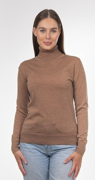 Easy Care Merino Roll Neck Pullover - Brown