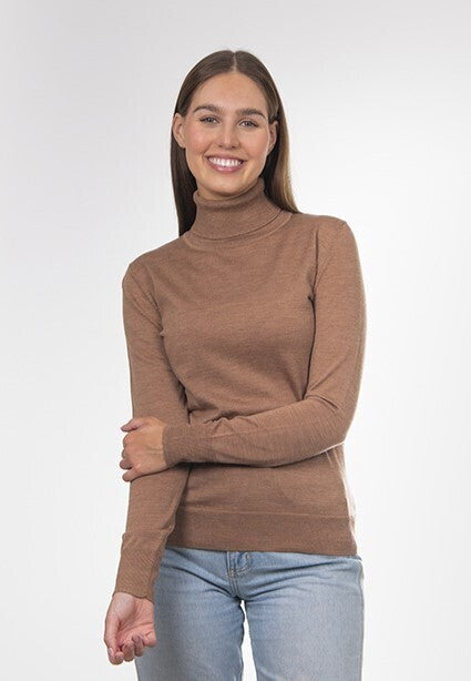 Easy Care Merino Roll Neck Pullover - Brown