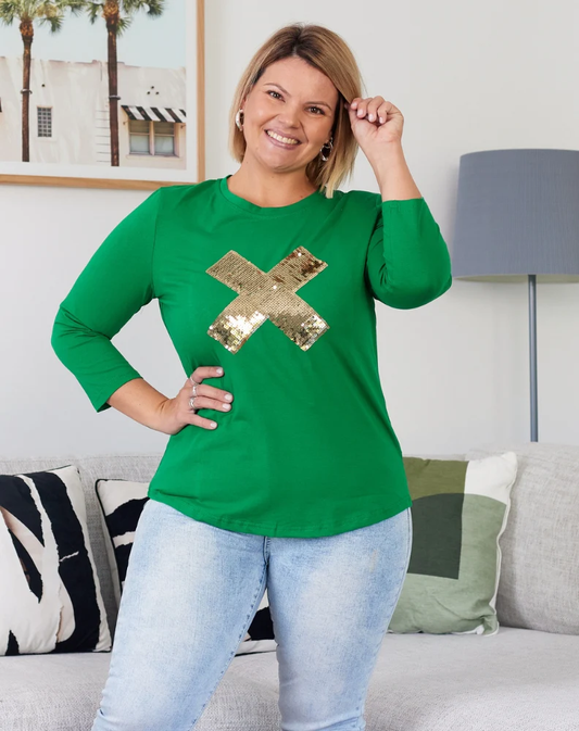 CROSS SEQUIN TOP - GREEN