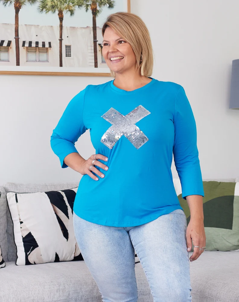 CROSS SEQUIN TOP - BLUE