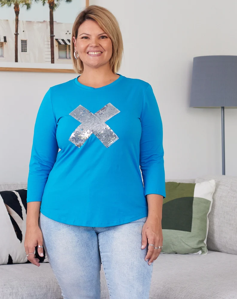 CROSS SEQUIN TOP - BLUE